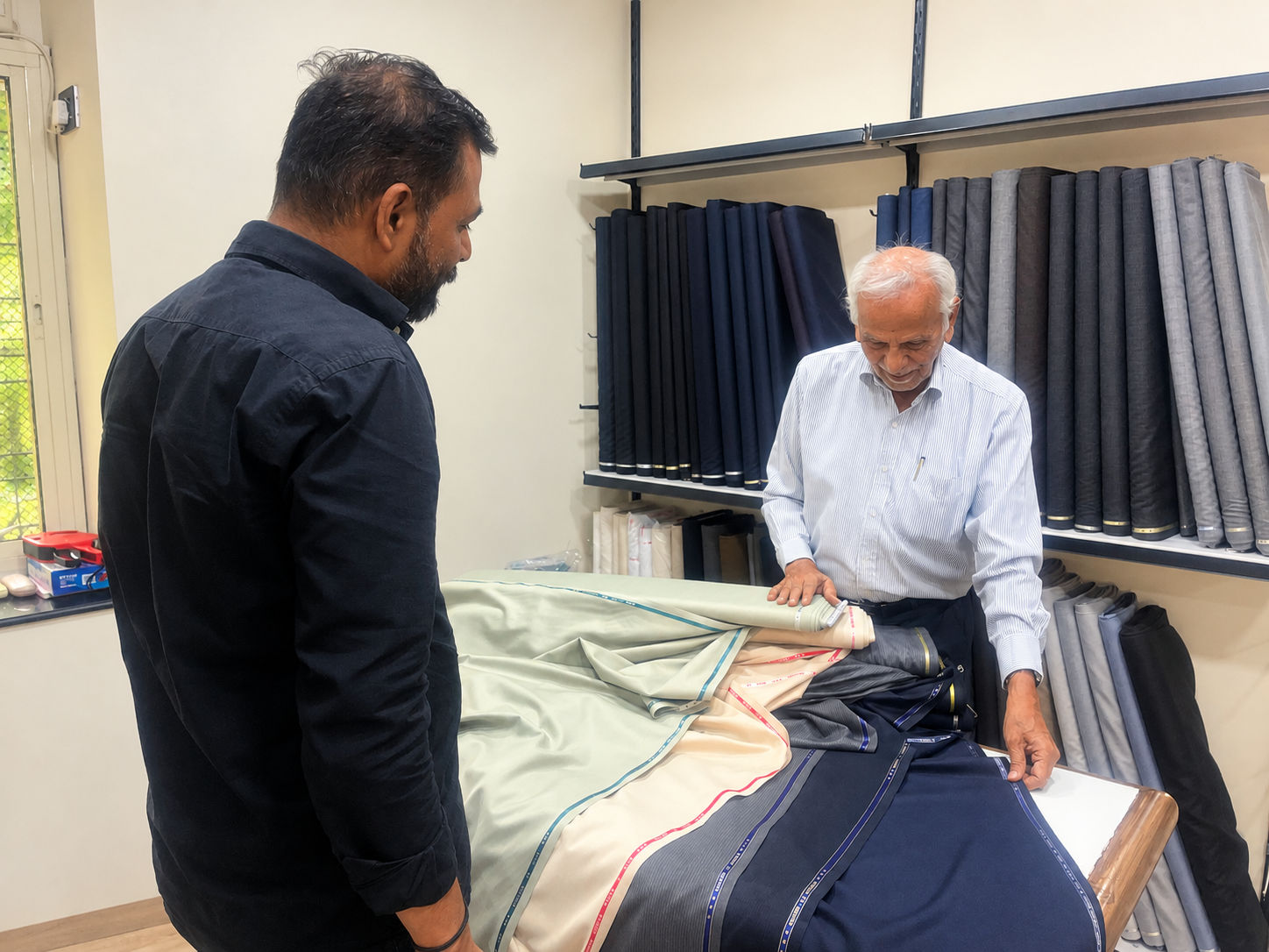 Woolco tailor presenting fabric selections in the showroom